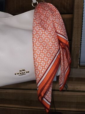 Vintage Coach 100% Silk Signature Monogram Orange Scarf Stripe Boarder 21x21